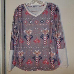 Rebel Cowgirl Aztec Patterned Long Sleeve V Neck Top Sz M